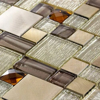Image of Luxury Brown, Caramel &amp; Beige Glass Brushed Steel Mosaic Wall Tile Sheet 8mm