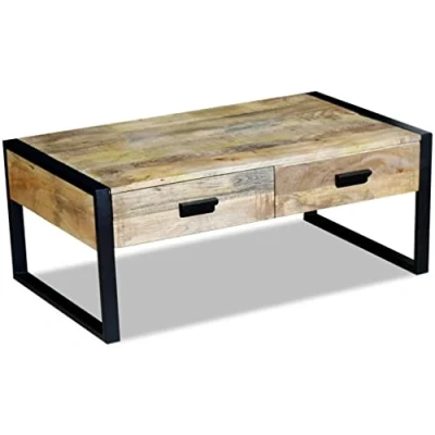 Image of vidaXL Coffee Table Solid Mango Wood with Industrial Iron Legs and 2 Drawers Rectangular Vintage Wooden Side for Living Room 100x60x40 cm (LxWxH)