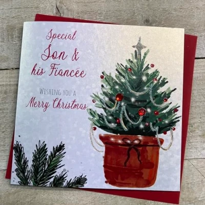 Image of WHITE COTTON CARDS SON &amp; HIS FIANCEE CHRISTMAS TREE CARD, HAND FINISHED (C23 110), 16cm x