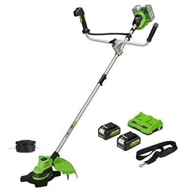 Image of Greenworks 48V (2x24V) Cordless Brushcutter with Brushless Motor, Harness, Bike Handle, 38cm Cutting Width, Bump Feed 2mm Nylon Line, 25cm Blade, Two of 24V 4Ah Batteries &amp; Charger GD24X2BCBK4x