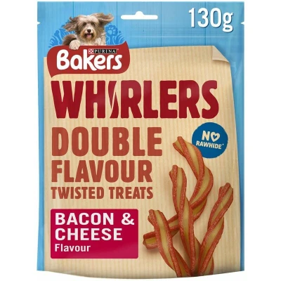 Image of Bakers Whirlers Dog Treat Bacon and Cheese 130g, Pack of 6