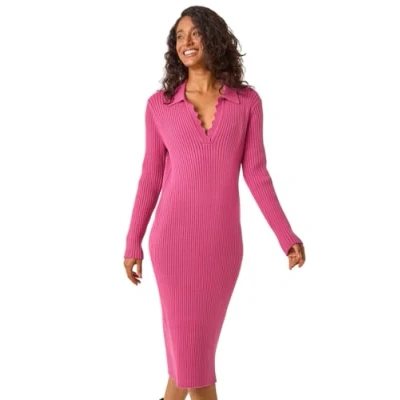 Image of Dusk Scallop Detail Midi Knit Dress for Women UK Ladies Autumn Everyday Winter Holiday V Neckline Comfy Long Sleeve Soft Bodycon Frock Office Desk Gowns Pink Size 16