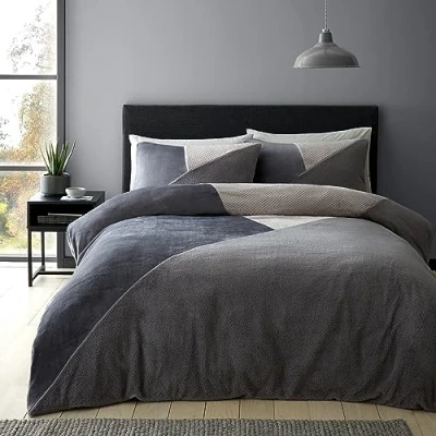 Image of Catherine Lansfield Cosy Larsson Geo Fleece Single Duvet Cover Set with Pillowcase Grey