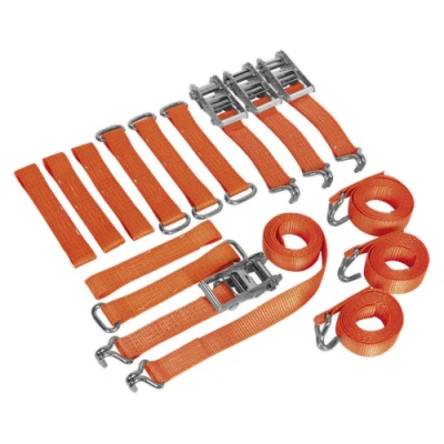 Image of Sealey Car Transporter Ratchet Tie Down Alloy/Steel Wheel Kit 4pc 50mm x 3m 4500kg Breaking Strength