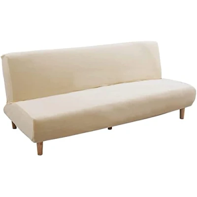 Image of Mingfuxin Armless Sofa Bed Covers, Thick Stretch Velvet 2 3 Seater Cover Seat Couch Protector, Non Slip Elastic Folding Shield Futon Slipcover (Thick Beige Yellow)