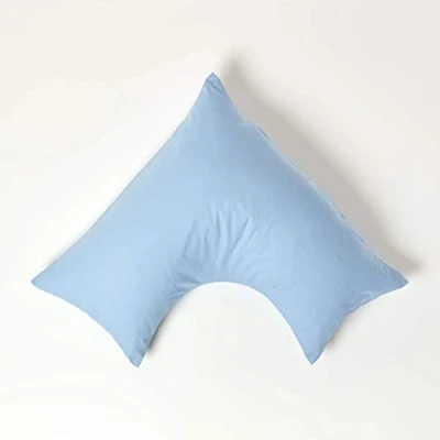 Image of HOMESCAPES Light Blue Pure Egyptian Cotton V Shape Pillowcase 200 TC 400 Thread Count Percale Equivalent Pillow Case For Nursing Pregnancy and Elderly