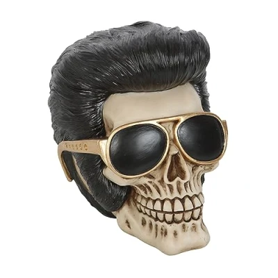 Image of Something Different Wholesale Rockstar Skull Ornament: Elvis Tribute Figurine with Gold Sunglasses Unique Rock &amp; Roll Collectible for Collectors