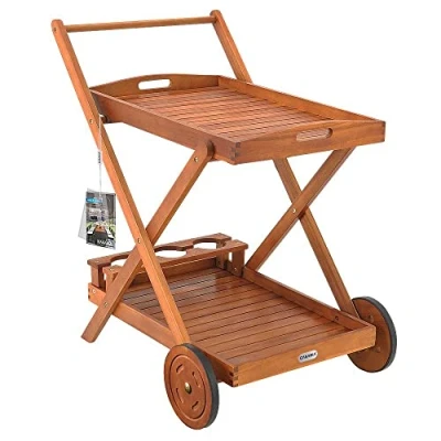 Image of CASARIA® Wooden Serving Trolley With Wheels FSC® Certified Acacia Wood 2 Levels Removable Tray 3 Bottle Holders BBQ Party Kitchen Cart Beautiful Design Flexible Storage Space