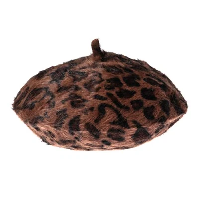 Image of Women Leopard Print Beret Hat Wool French Cap Winter Warm Beanie Hat, B brown, One Size