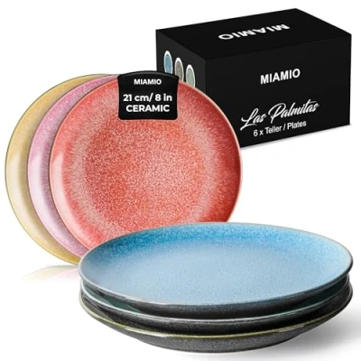 Image of MIAMIO Set of 6, 21 cm Dinner Plates, Ceramic Kitchen Plate Sets Microwave Safe Oven and Dishwasher Las Palmitas Collection