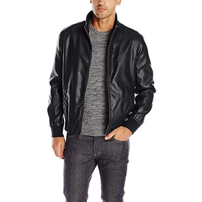 Image of Tommy Hilfiger Men&#039;s Smooth Lamb Touch Faux Leather Unfilled Windbreaker Bomber Jacket, Black, S