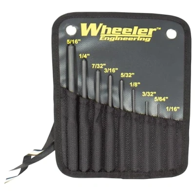 Image of Wheeler Roll Pin Punch Set with 9 Steel Punches, Labeled Rollup Storage Bag for Firearm Maintenance and Gunsmithing