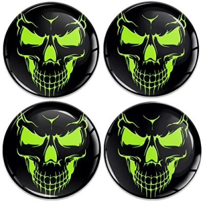 Image of Biomar Labs 4 x 68 mm Sticker 3D Silicone Skull Green for Hub Caps Wheel Cover A 7368