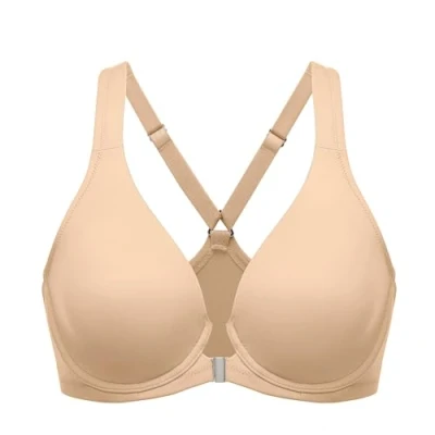 Image of Delimira Women&#039;s Front Fastening Bras Seamless Unlined Racer Back Plus Size Underwired Plunge Bra Warm Beige 42D