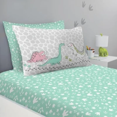 Image of GC GAVENO CAVAILIA Dinosaur Doodle Sheet Set, Soft &amp; Comfy Polycotton Animal Printed Fitted With Matching Pillowcase, Single Kids Bedding Bed For Boys Girls, Multi