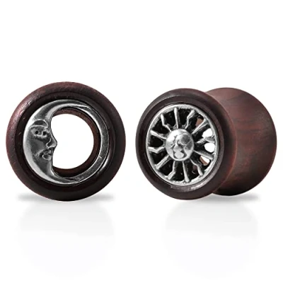 Image of KUBOOZ New Tribal Sun &amp; Moon Organic Natural Wooden Flesh Tunnels Double Flared Ear Stretcher Saddle Plug 8mm to 25mm