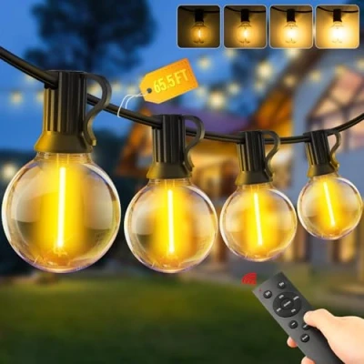 Image of Outdoor Garden String Lights LED 65.5Ft G40 20M Festoon Light Mains Powered with Remote Control Dimmable Timer Outside Lighting Waterproof Shatterproof Bulb Hanging for Balcony Gazebo Patio Pergola