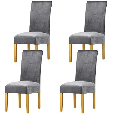 Image of LANSHENG Stretchy Chair Covers for Dining Room Chairs,Stretch Spandex with Elastic Band Chaircover,Velvet Large Slipcovers Restaurant Hotel Party Banquet (Light Gray,4 Pack(M))