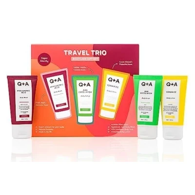 Image of Q+A Travel Trio Body Care Giftset, containing a Hyaluronic Acid Wash, AHA Exfoliator Scrub, and Ceramide Lotion, each item 50ml
