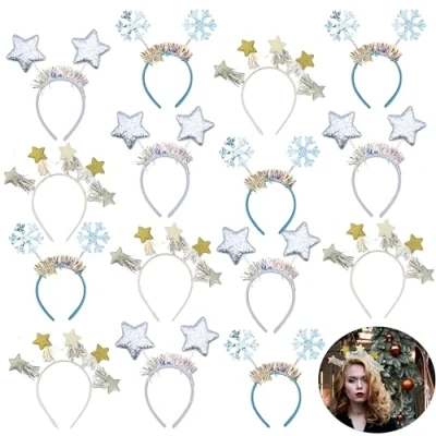 Image of 15Pcs Christmas Headbands, Snowflakes Head Boppers, Sparkly Star Hairbands, Iridescent Five Glitter Band, One Size Festive Headwear, Kids Adults Elegant Sparkling Xmas Party Fancy Dress