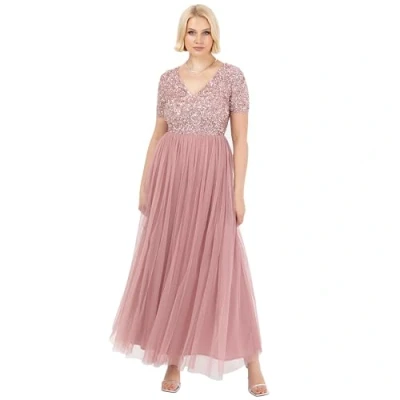 Image of Maya Deluxe Women&#039;s Ladies Dress for Wedding Guest Plus Size Empire High Waist Sequins Short Sleeve Evening Bridesmaid, Vintage Rose, 6