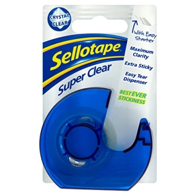 Image of Sellotape Super Clear Tape with Easy Tear Dispenser, Extra Sticky &amp; Maximum Clarity, 18mm x 15m