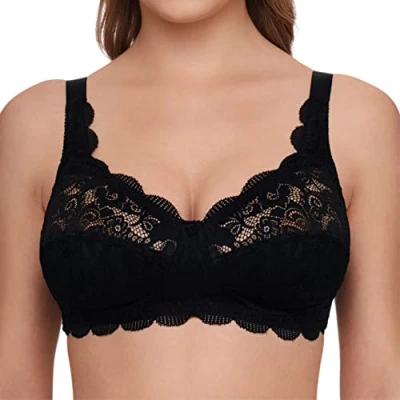 Image of Susa Women&#039;s Latina Bra Without Underwire Elastic Lace Non Wired, Opaque, Black (Black 004), 42B