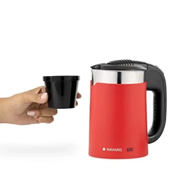 Image of Navaris Compact Electric Travel Kettle 0.5 L Jug with Dual Walls and Boil Dry Protection Small 1100W Red Holiday w/ 2 Cups