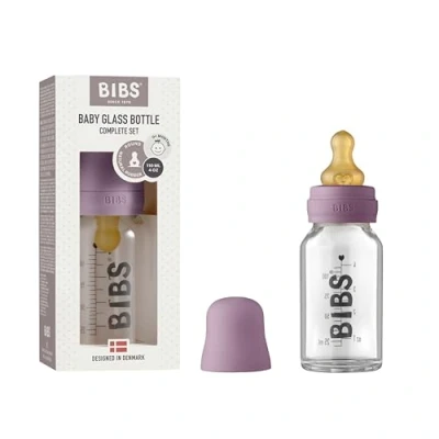 Image of BIBS Baby Glass Bottle. Anti colic. Round Natural Rubber Latex Nipple. Supports Breastfeeding, 110 ml, Mauve