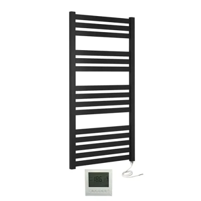 Image of Greened House VAS 500 x 1165mm Designer Black Electric Towel Warmer Flat Panel Rail + Timer and Room Thermostat