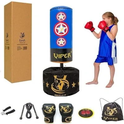 Image of Kids Junior Boxing Free Standing Punch Bag Set Children Girls Gloves Skipping Rope White/Pink