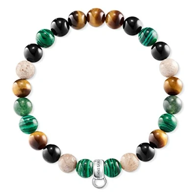 Image of THOMAS SABO Unisex 925 Sterling Silver Heliotrope Tiger&#039;s Eye Simulated Malachite Jasper Obsidian Charm Bracelet of Length 15.5cm X0217 947 7 L15,5