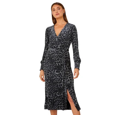 Image of Roman Womens Velvet Animal Wrap Midi Stretch Dress Silver Size 12 UK