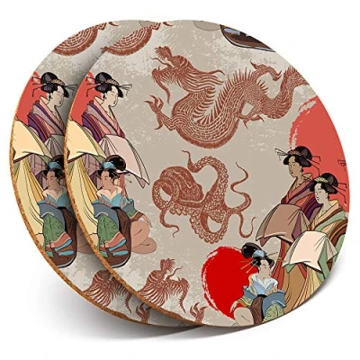 Image of 2 x Round Coasters Japanese People Dragon Art Cork Backed Home Kitchen Accessory Tea Coffee Mug Mat #3395