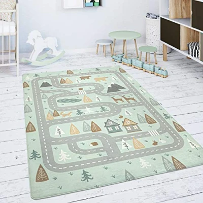 Image of Paco Home Kids Rug Children&#039;s Room Play Mat Baby Street Bear Elk Trees Green Grey, Size:155x230 cm