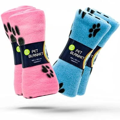 Image of 4 X Dog Blankets Washable With Paw Prints Blanket Cat Soft Warm Fleece Animals Pet Puppy Bed Travel Pack (BLUE and PINK, 100cm 120cm (Pack of 4))