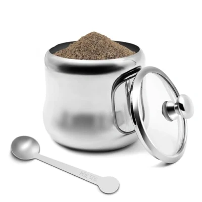 Image of 300 ml Sugar Bowl 304 Stainless Steel Spice Jar Home Metal Tin Kitchen Container with Lid and Spoon for Spices, Sugar, Coffee, Tea, Pepper (Style 1)