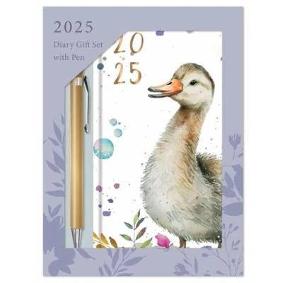 Image of 2025 Slim Week to View Diary Boxed Gift Set with Ballpoint Pen Assorted Designs Hardback Journal Planners (Duck)