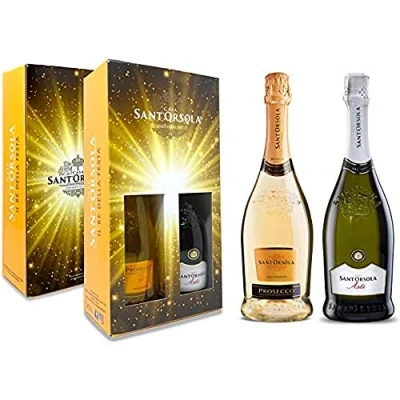 Image of Sant&#039;Orsola Prosecco D.O.C. Extra Dry Millesimato + Asti D.O.C.G. Sparkling Italian Wine in Gift Pack Luxury Sparking Gifts for Women Mum 2 x 750 ml