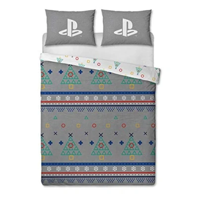 Image of Playstation Christmas Double Duvet Cover Officially Licensed Reversible Two Sided Bedding Design with Matching Pillowcase, Polycotton, Grey