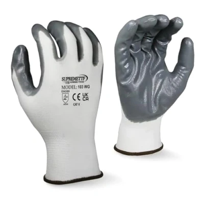 Image of SupremeTTF 240 Pairs NITRILE COATED Red Black White Work Gloves Automotive Builders Mechanic Constructions Gardening GRIP (White Grey, Large [9])