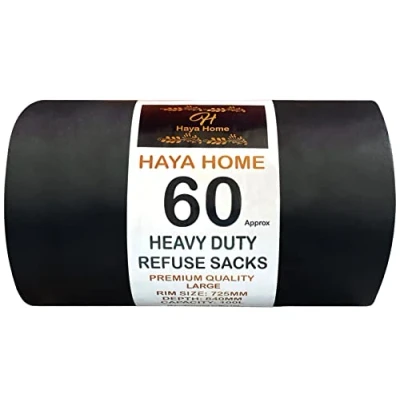 Image of Haya Home 60 Black Plastic Bin Bags Heavy Duty Liners, Refuse Sacks Waste Dustbin roll 100L for Kitchen Office DIY Garden Made from 100% Recycled Material