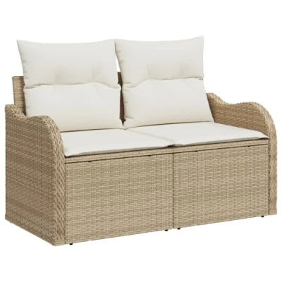 Image of vidaXL 2 Seater Garden Sofa with Storage&amp;Cushions Beige Poly Rattan