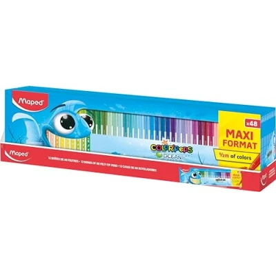 Image of Maped Ocean felt tip pens, pack of 48, XXL 1/5 m, 2 mm medium tip, perfect for drawing and painting, resistant (not blocked), strong colours, reusable packaging