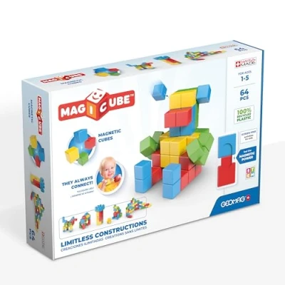 Image of Geomag Magicube 1+ Full Colour Magnetic Cubes for Kids 4 Colours 64 Blocks 100 Percent Recycled Plastic