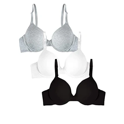 Image of Fruit of the Loom Women&#039;s T Shirt Bra, Opaque, Black/White/Grey Heather, 38D (Pack 3)