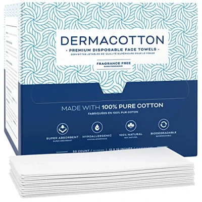 Image of Dermacotton [100 X Large Towels] 100% Biodegradable Disposable Cotton Face Towels Super Soft Wipes, Hypoallergenic Makeup Remover For All Skin Types Incl. Sensitive Skin, Facial Cloths