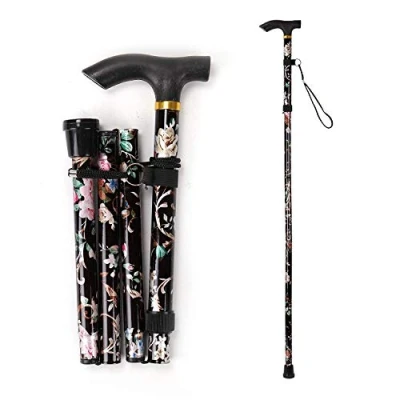 Image of KAV Walking Stick, Easy Adjustable Height Folding Extendable Cane, Lightweight Flexible and Durable Aid Mobility Collapsible Stick (Black Floral)