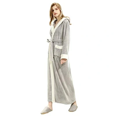 Image of Womens Dressing Gown Hooded Spa Bathrobe Fluffy Fleece Long Kimono Robes Grey L