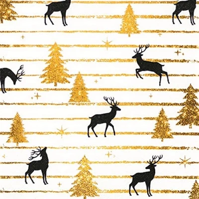 Image of 20 napkins, deer and trees, black gold, winter, Christmas, table decoration, decoupage, napkin technology, 33 x cm